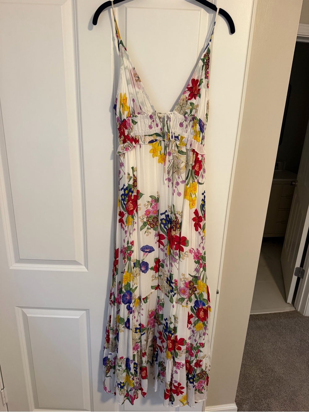 Olivaceous White Maxi Dress with Red, Yellow & Purple Floral Print